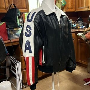 Handmade leather, biker, bomber jacket, flag appliquéd in all leather. Medium